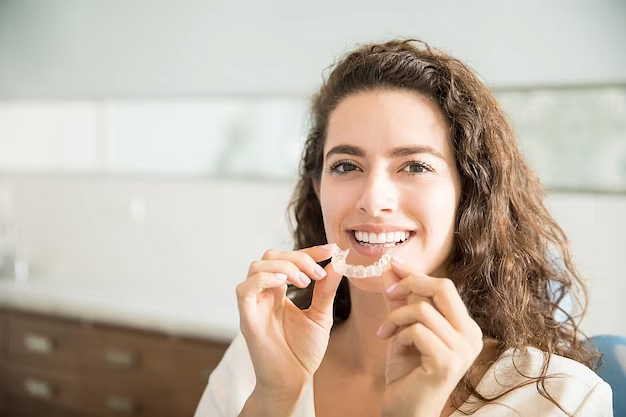 Kobieta zakłada nakładki korekcyjne na zęby